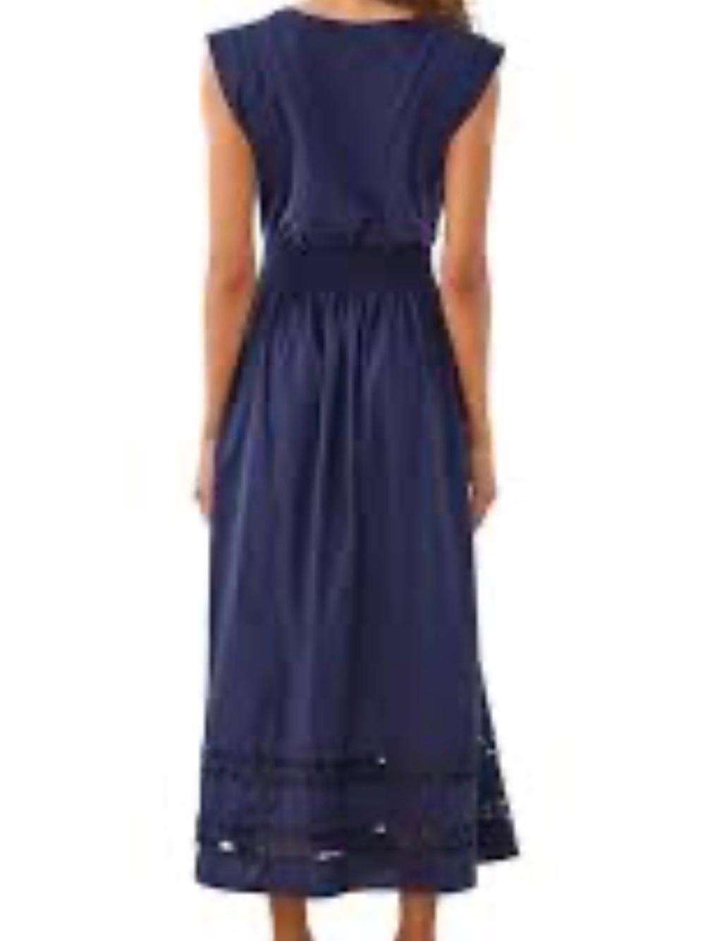 Sleeveless Navy Maxi Dress with Waist Tie and Eyelet Hem - Picture 3 of 8